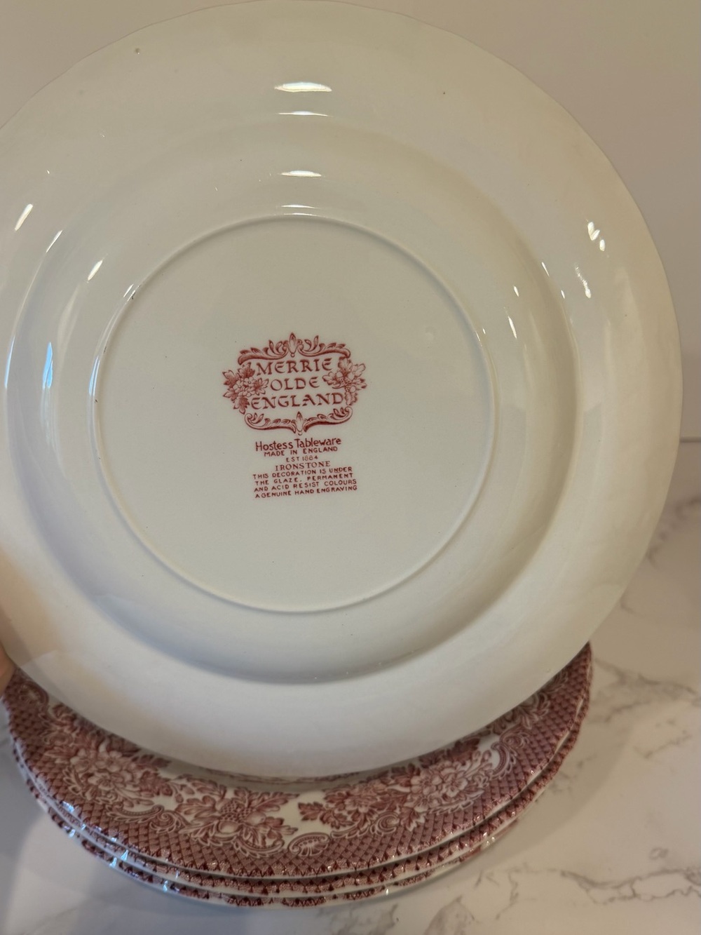 Vintage Merrie Olde England Ironstone Dinner Plate Set of 4 Red Transferware 10” - Picture 5 of 6